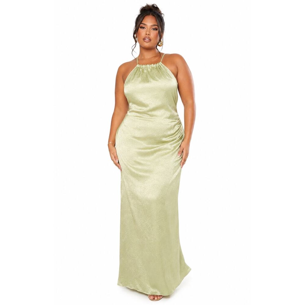 PrettyLittleThing Plus Sage Green Crinkle Satin Ruched Maxi Dress Size 12